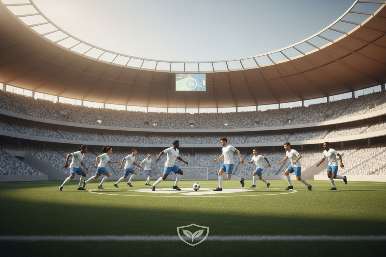 Well-organised soccer team executing a perfectly structured play representing a coordinated immune system working in balance