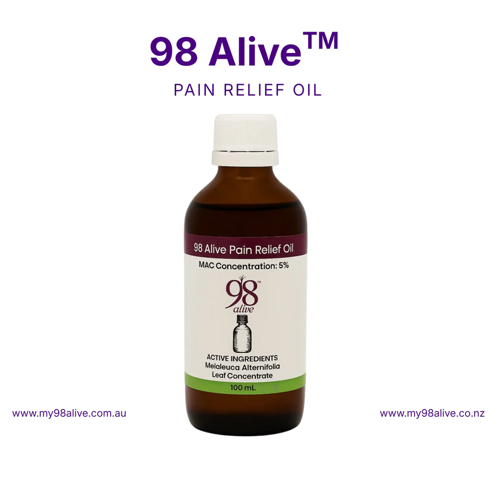 Bottle of 98 Alive Pain Relief Oil on a white background