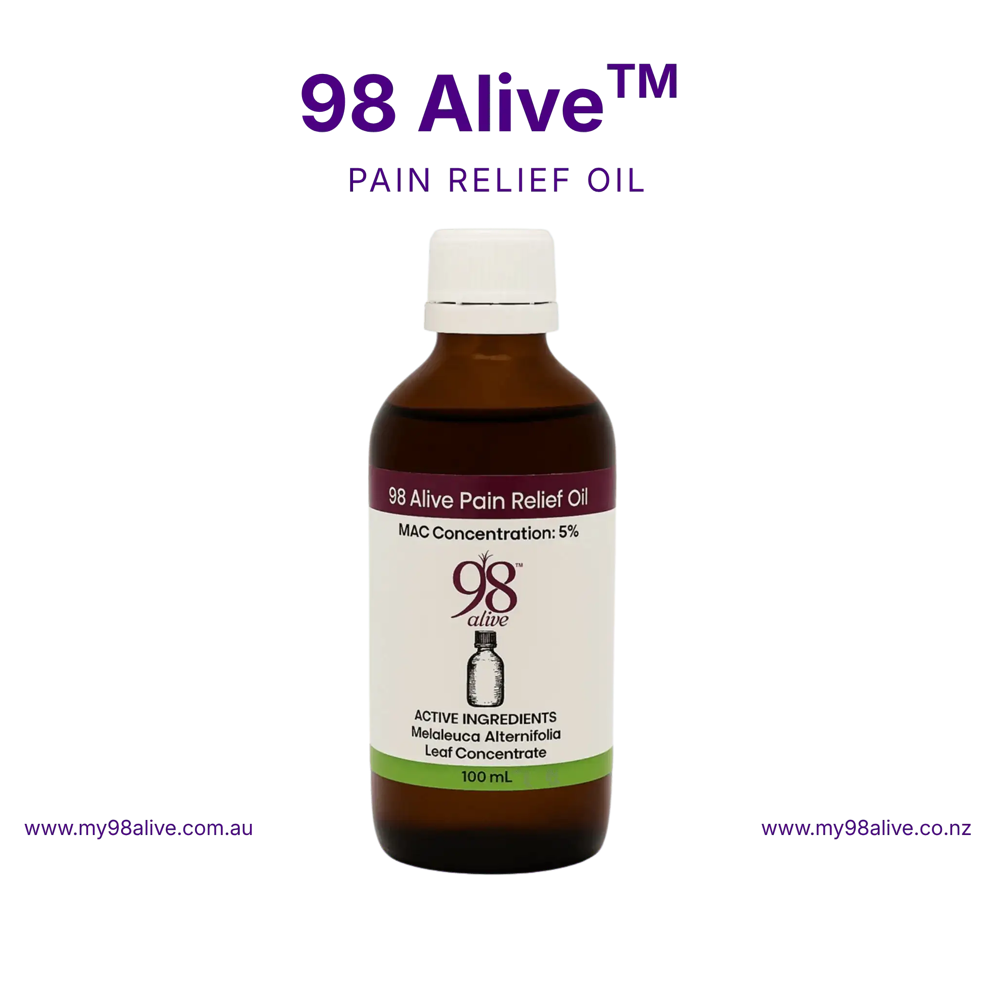 Bottle of 98 Alive Pain Relief Oil on a white background