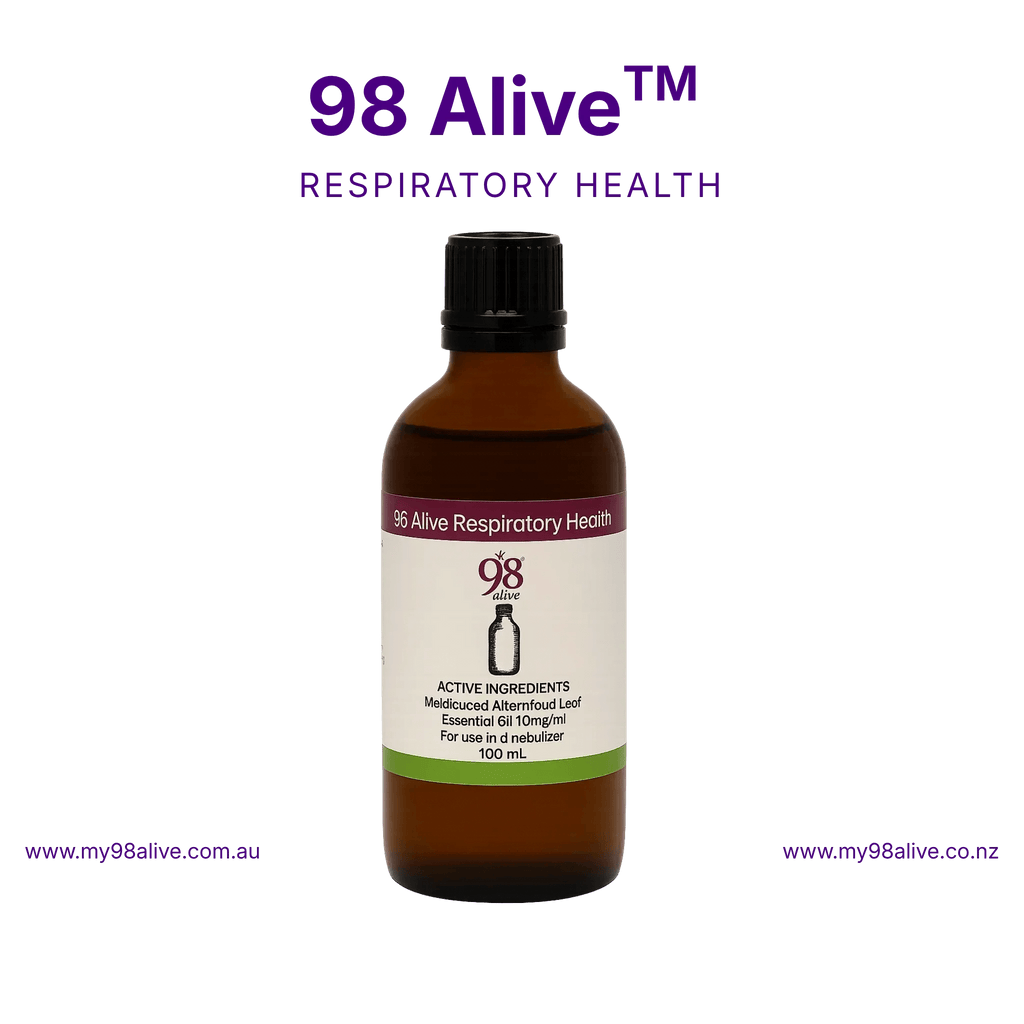 Bottle of 98 Alive Respiratory Health supplement on a solid background