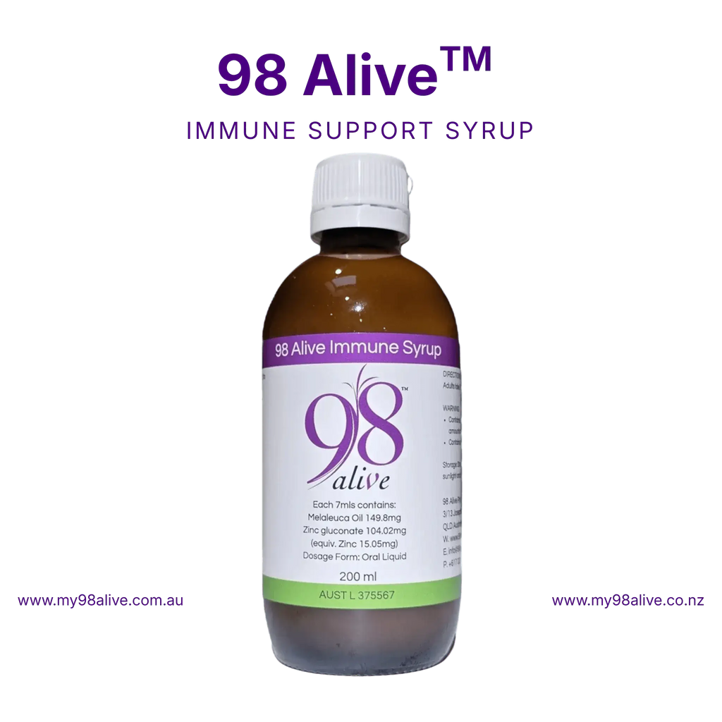 Bottle of 98 Alive immune support syrup on a white background