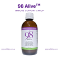 Bottle of 98 Alive immune support syrup on a white background