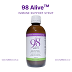 Bottle of 98 Alive immune support syrup on a white background