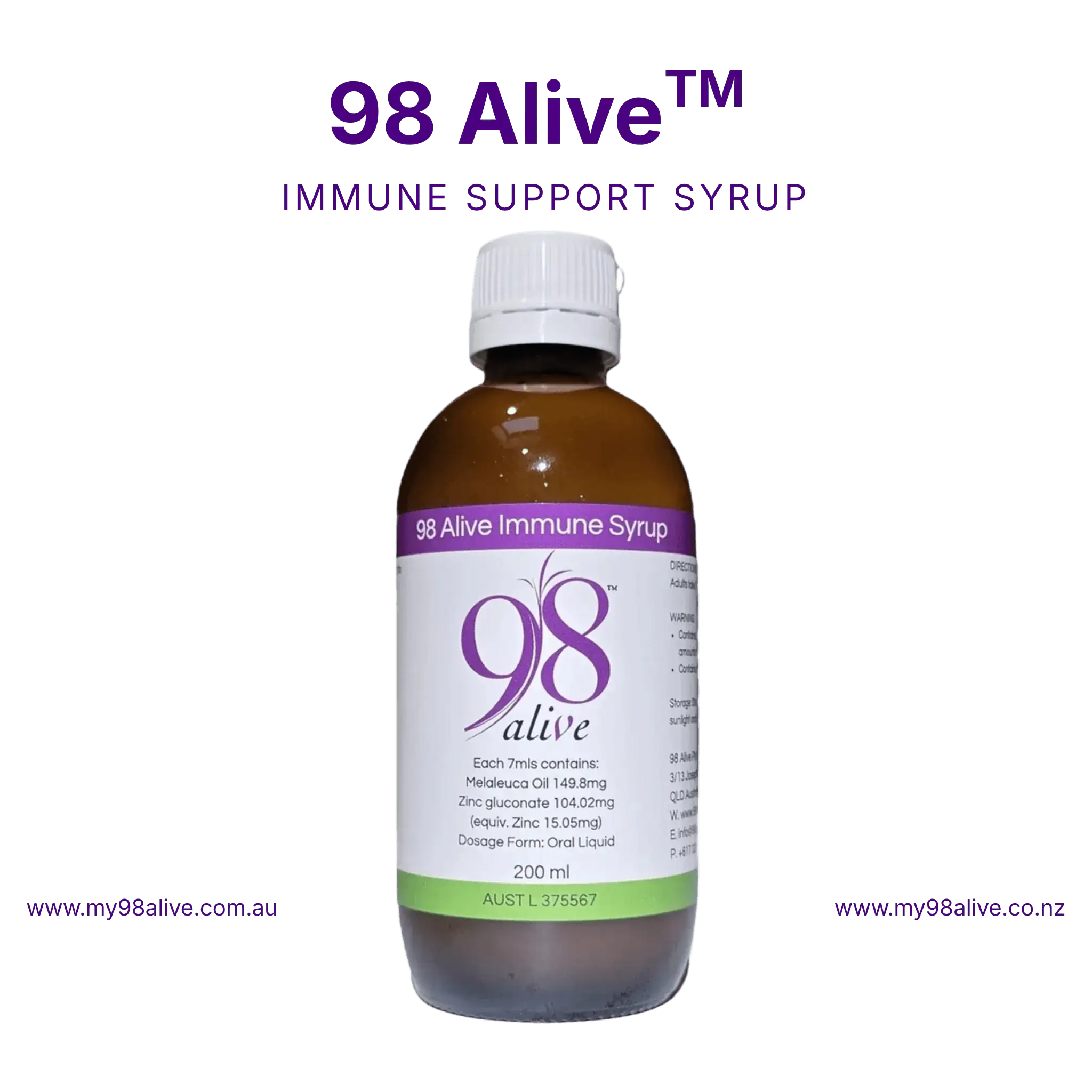 Bottle of 98 Alive immune support syrup on a white background