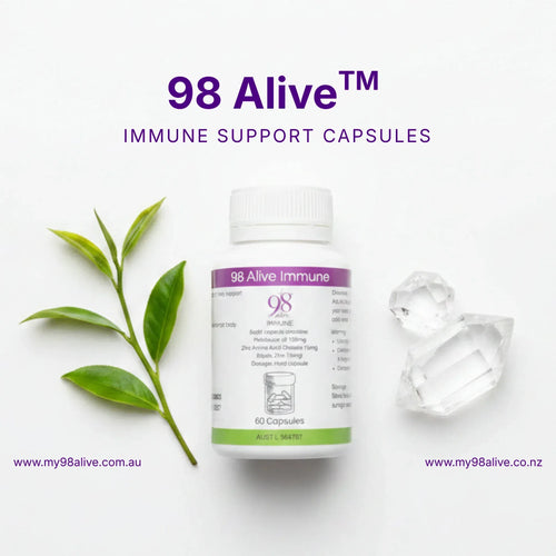 98 Alive immune support capsules with a leaf and crystal on a white background