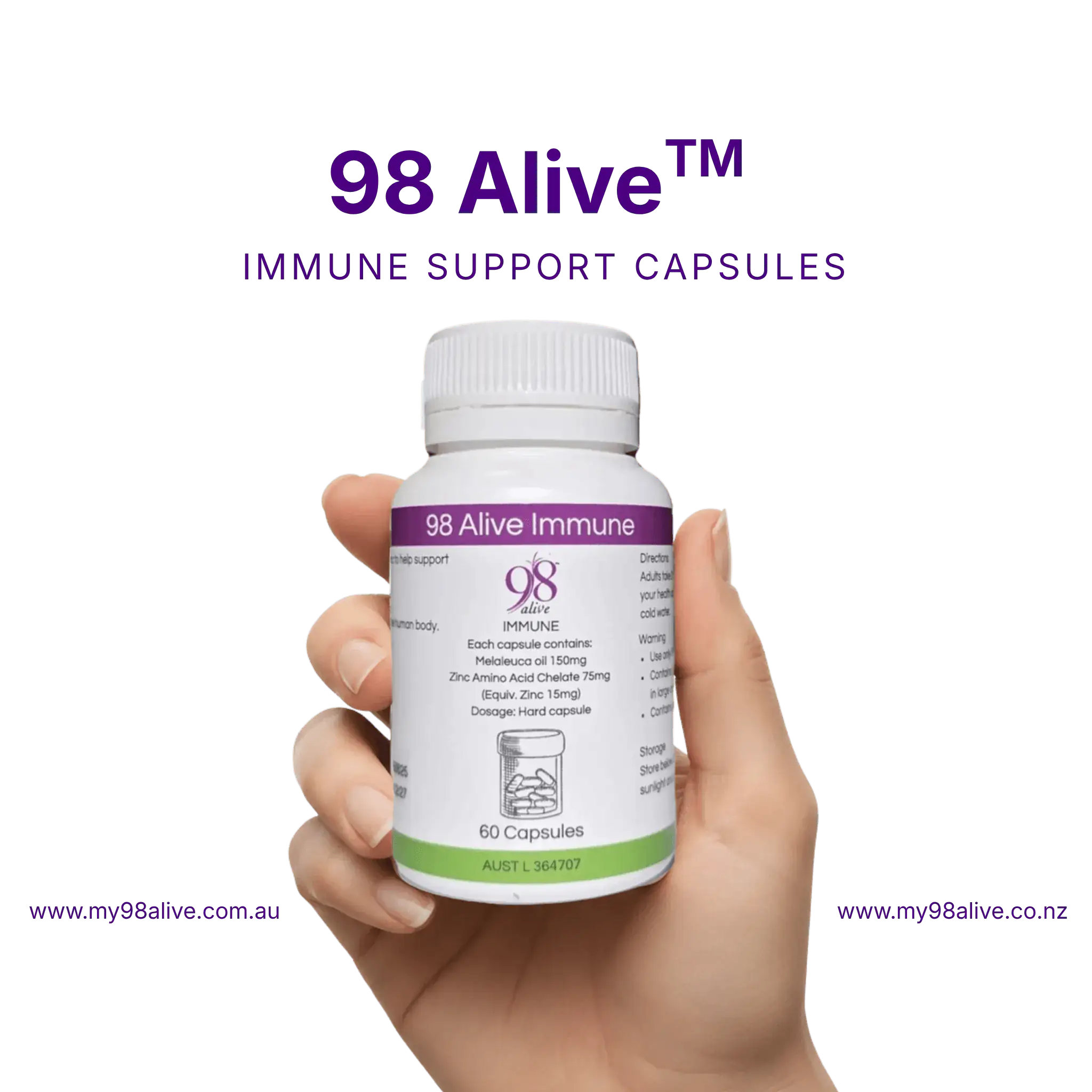 Hand holding a bottle of 98 Alive immune support capsules against a white background